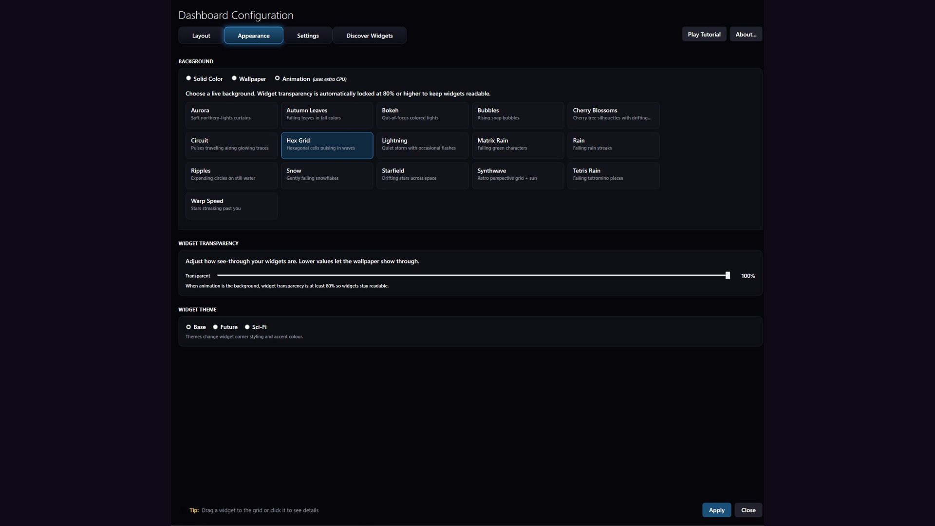 Widgey's appearance settings, showing theme, accent colour, corner style and transparency controls.