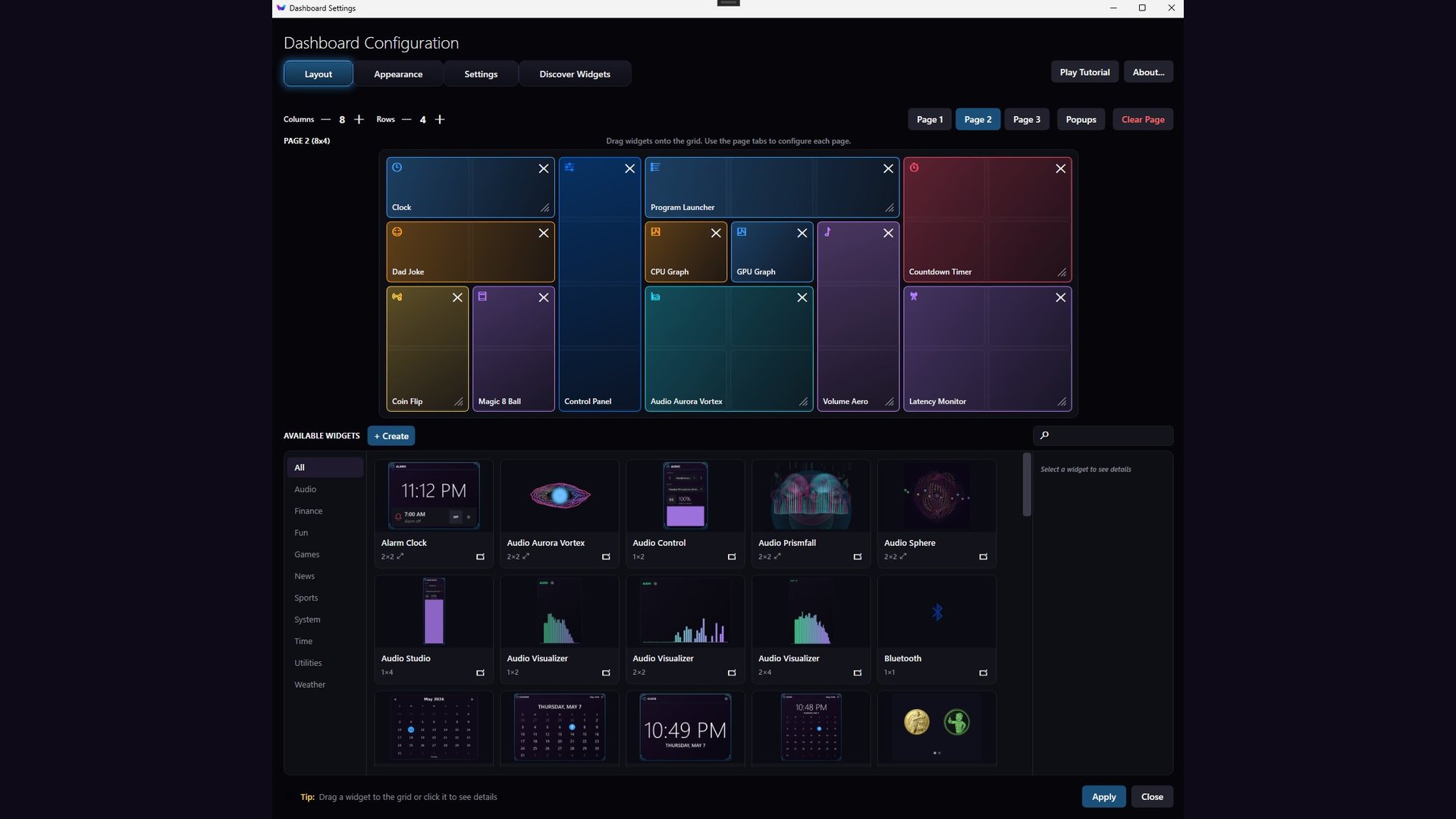 Widgey's layout editor, showing a grid of placed widgets above a searchable palette of available widgets.