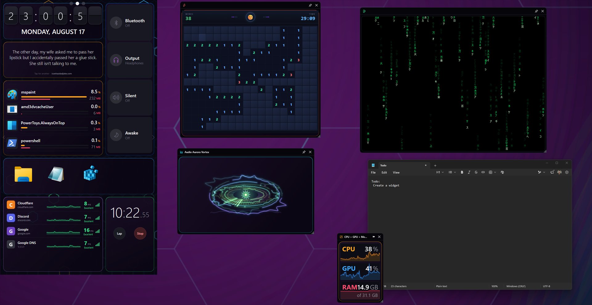 Several Widgey widgets popped out as individual windows across a Windows desktop, including Minesweeper, a digital rain effect, an audio visualizer and a system monitor.